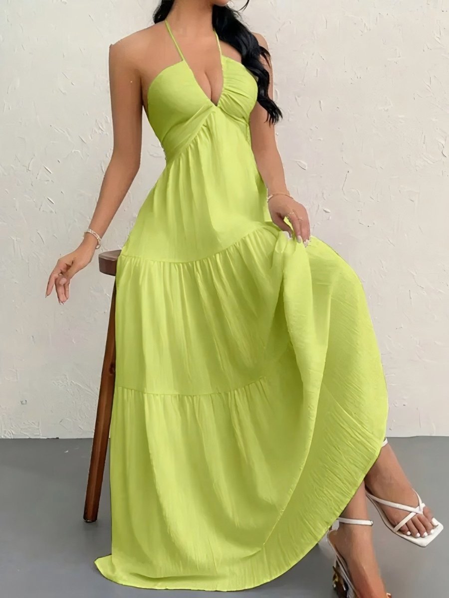 Backless Halterneck V-Neck Pleated A Line Dress Ankle-length Skirt For Beach Vacation Summer Dress