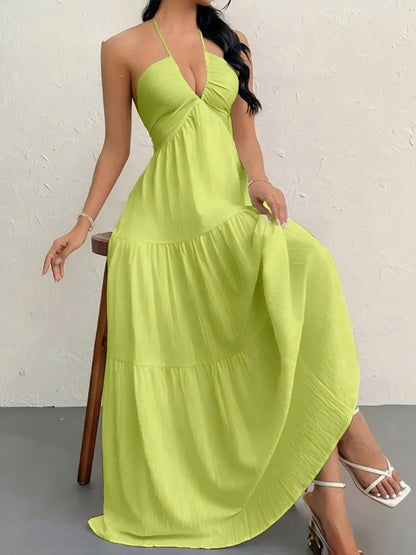 Backless Halterneck V-Neck Pleated A Line Dress Ankle-length Skirt For Beach Vacation Summer Dress