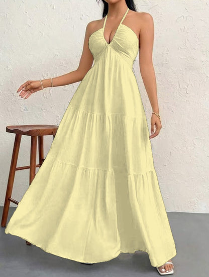 Backless Halterneck V-Neck Pleated A Line Dress Ankle-length Skirt For Beach Vacation Summer Dress