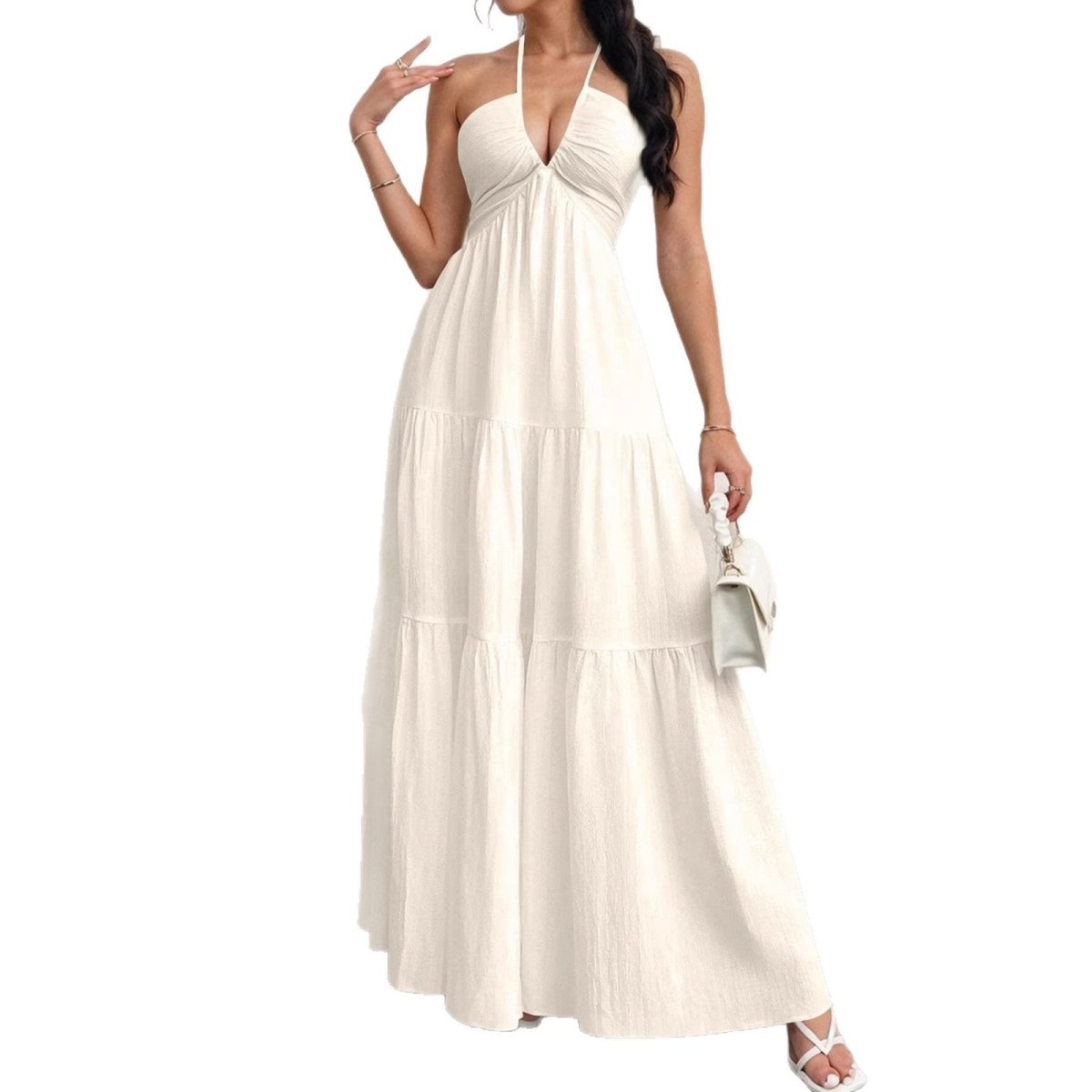 Backless Halterneck V-Neck Pleated A Line Dress Ankle-length Skirt For Beach Vacation Summer Dress