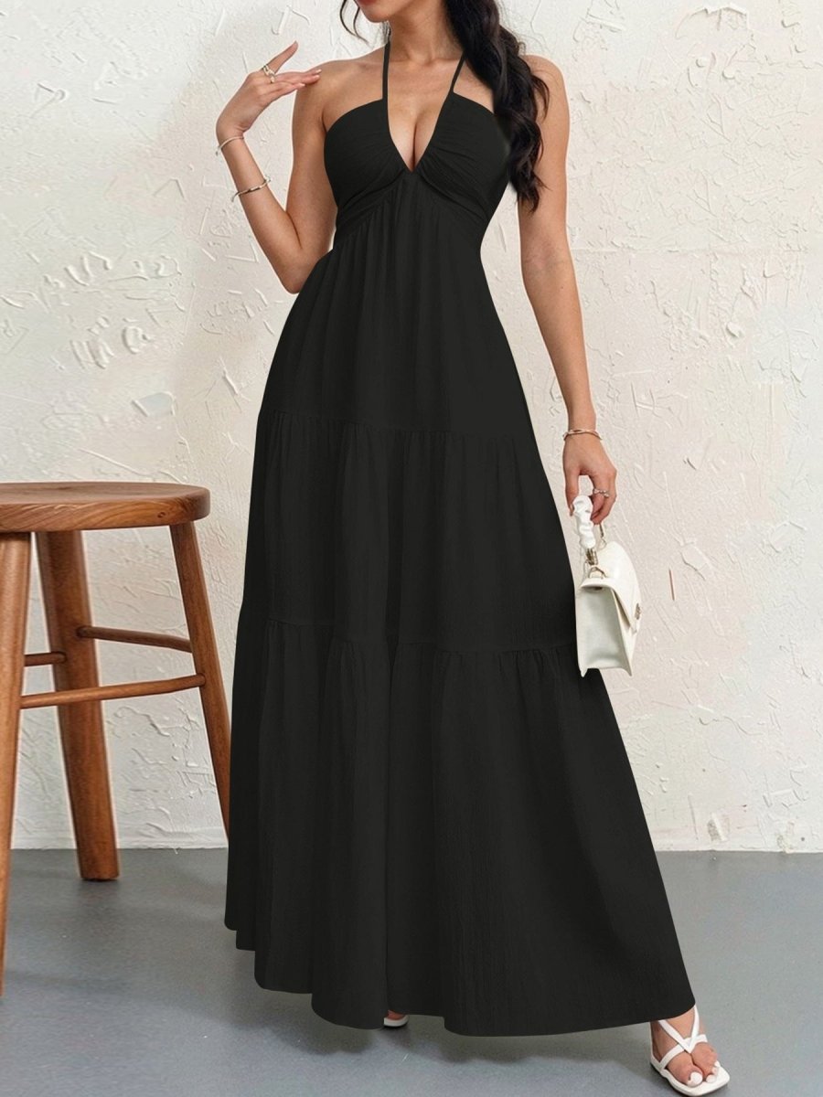 Backless Halterneck V-Neck Pleated A Line Dress Ankle-length Skirt For Beach Vacation Summer Dress