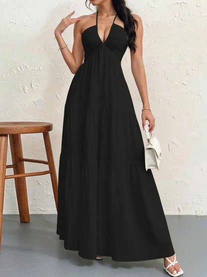 Backless Halterneck V-Neck Pleated A Line Dress Ankle-length Skirt For Beach Vacation Summer Dress