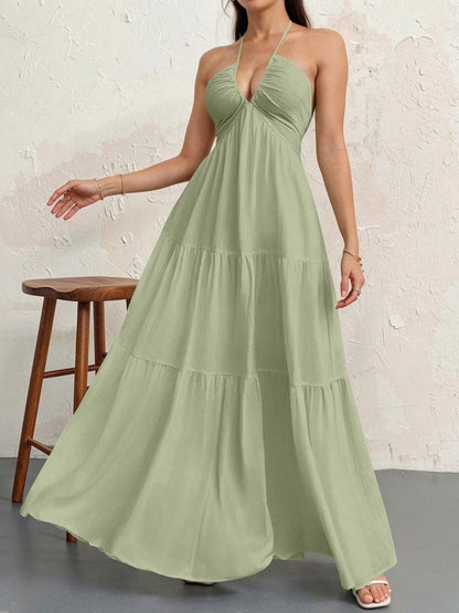 Backless Halterneck V-Neck Pleated A Line Dress Ankle-length Skirt For Beach Vacation Summer Dress