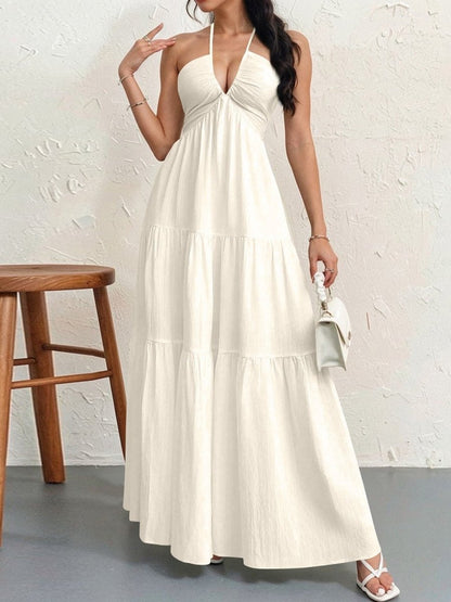 Backless Halterneck V-Neck Pleated A Line Dress Ankle-length Skirt For Beach Vacation Summer Dress