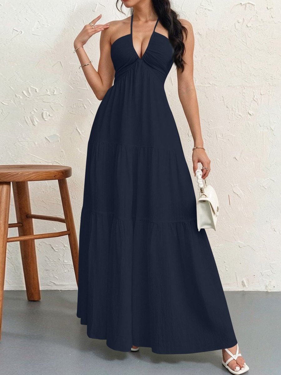 Backless Halterneck V-Neck Pleated A Line Dress Ankle-length Skirt For Beach Vacation Summer Dress