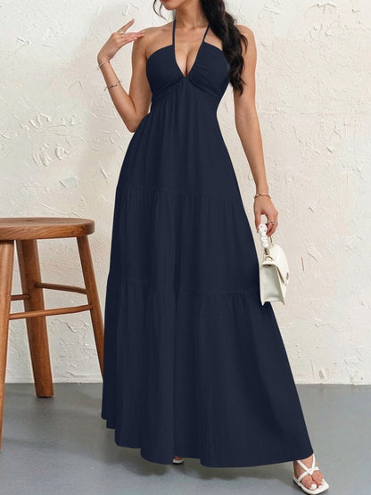 Backless Halterneck V-Neck Pleated A Line Dress Ankle-length Skirt For Beach Vacation Summer Dress