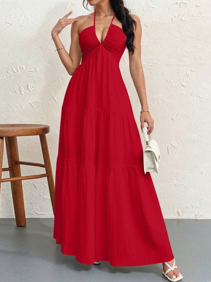 Backless Halterneck V-Neck Pleated A Line Dress Ankle-length Skirt For Beach Vacation Summer Dress
