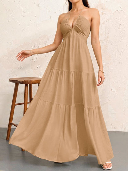Backless Halterneck V-Neck Pleated A Line Dress Ankle-length Skirt For Beach Vacation Summer Dress