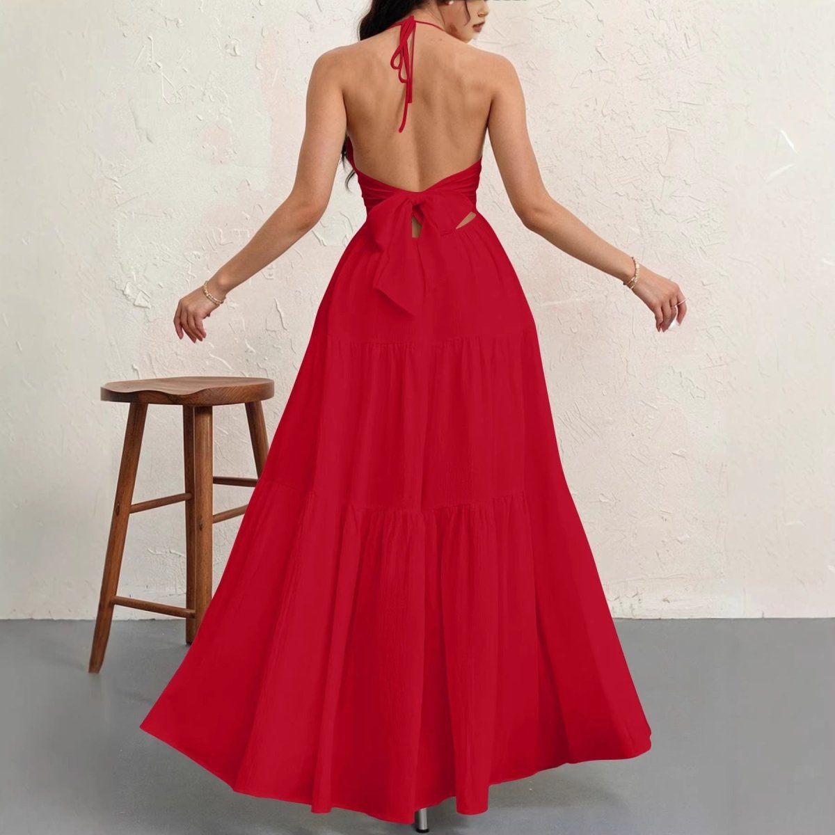 Backless Halterneck V-Neck Pleated A Line Dress Ankle-length Skirt For Beach Vacation Summer Dress
