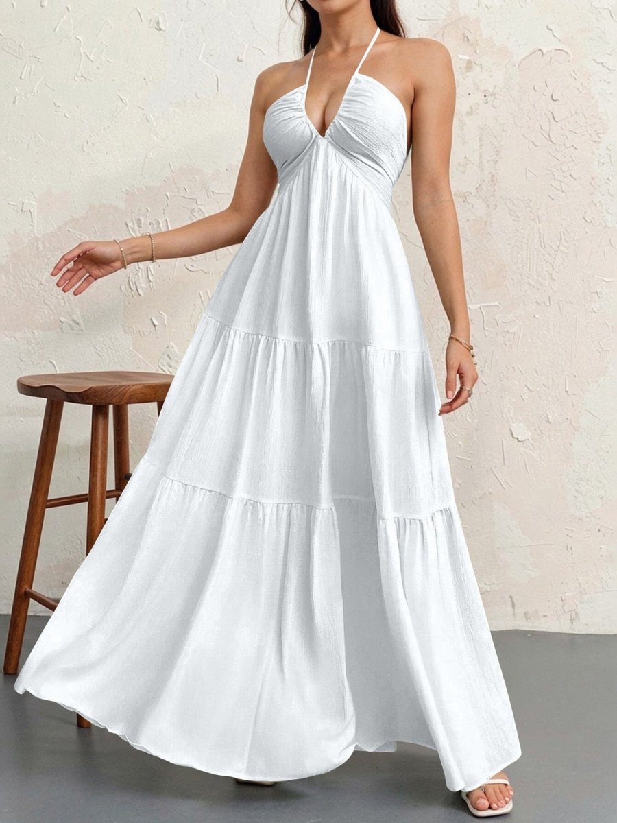 Backless Halterneck V-Neck Pleated A Line Dress Ankle-length Skirt For Beach Vacation Summer Dress