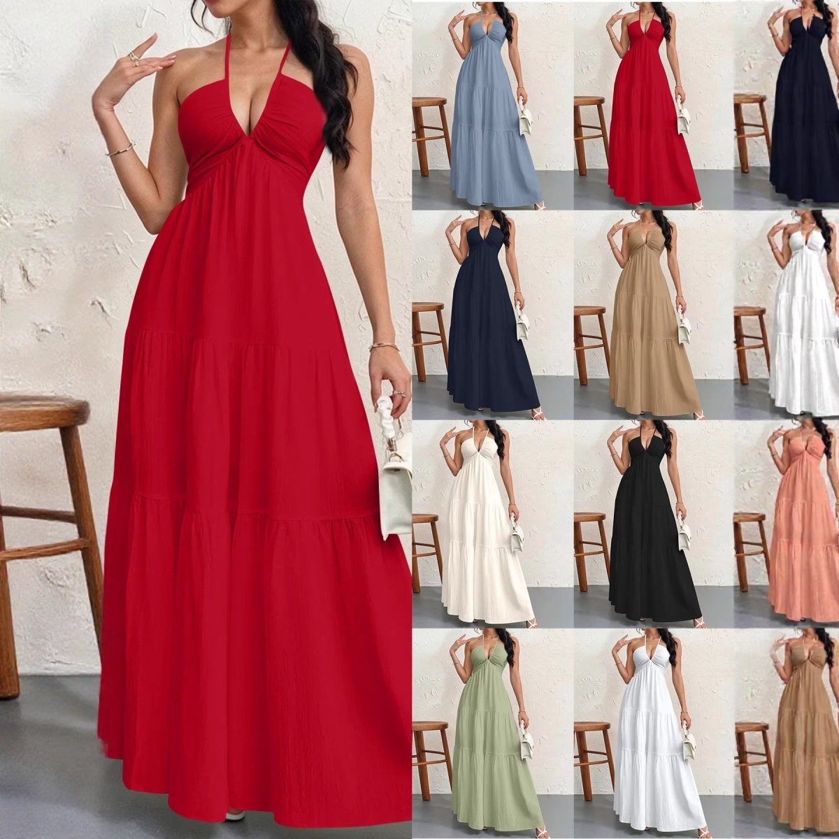 Backless Halterneck V-Neck Pleated A Line Dress Ankle-length Skirt For Beach Vacation Summer Dress