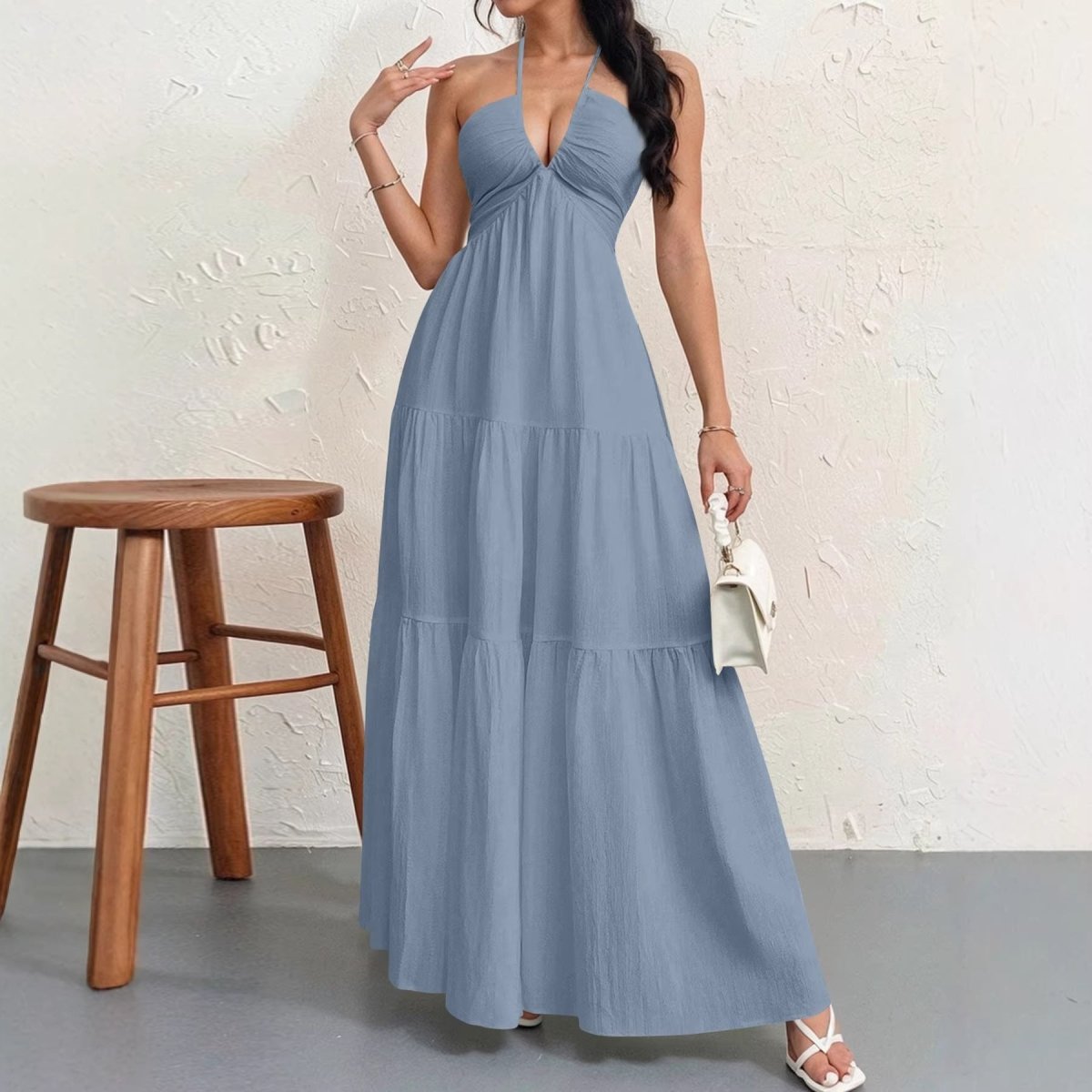 Backless Halterneck V-Neck Pleated A Line Dress Ankle-length Skirt For Beach Vacation Summer Dress