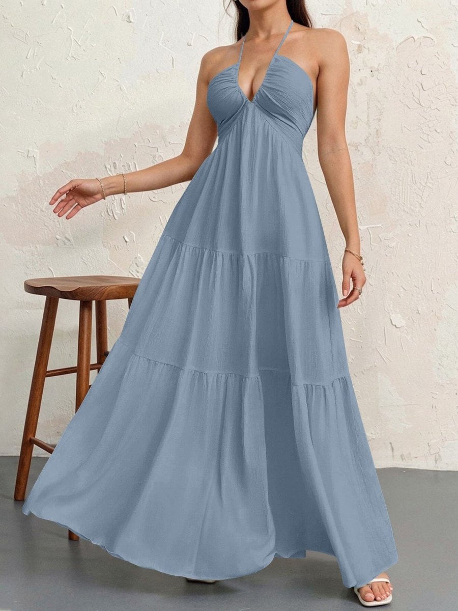 Backless Halterneck V-Neck Pleated A Line Dress Ankle-length Skirt For Beach Vacation Summer Dress