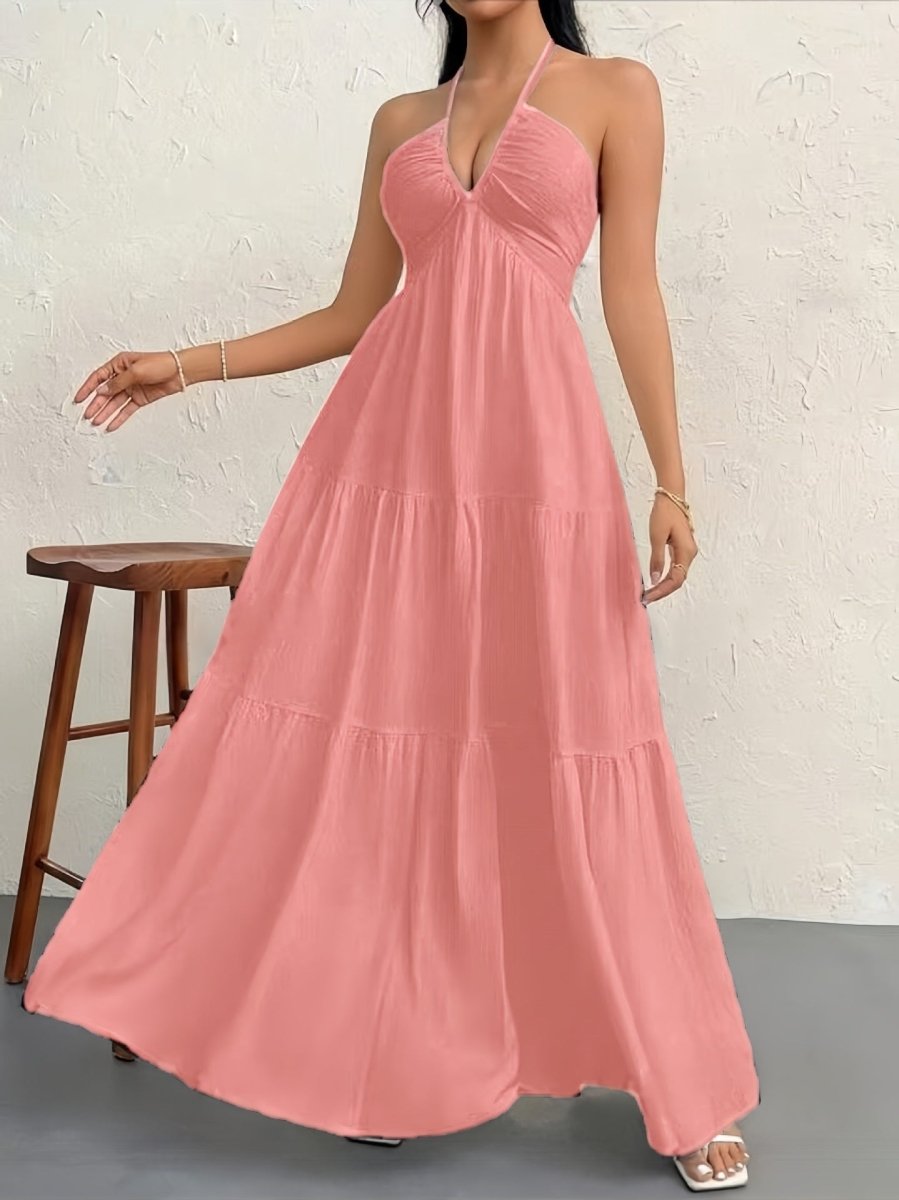 Backless Halterneck V-Neck Pleated A Line Dress Ankle-length Skirt For Beach Vacation Summer Dress