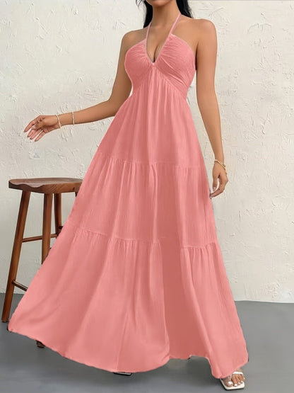 Backless Halterneck V-Neck Pleated A Line Dress Ankle-length Skirt For Beach Vacation Summer Dress