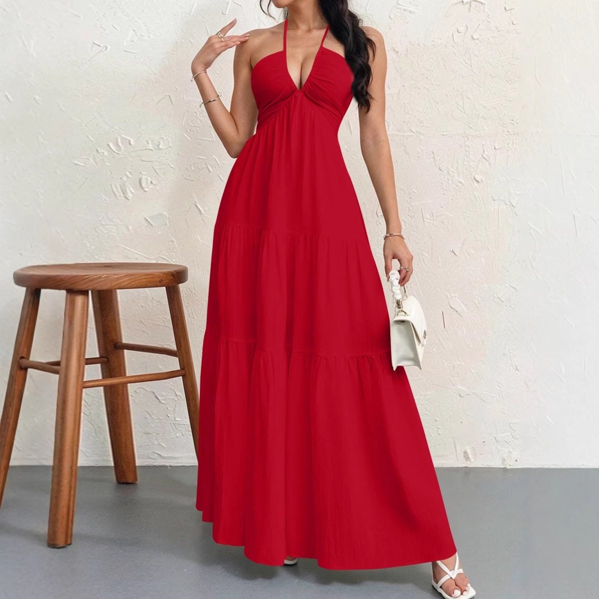 Backless Halterneck V-Neck Pleated A Line Dress Ankle-length Skirt For Beach Vacation Summer Dress