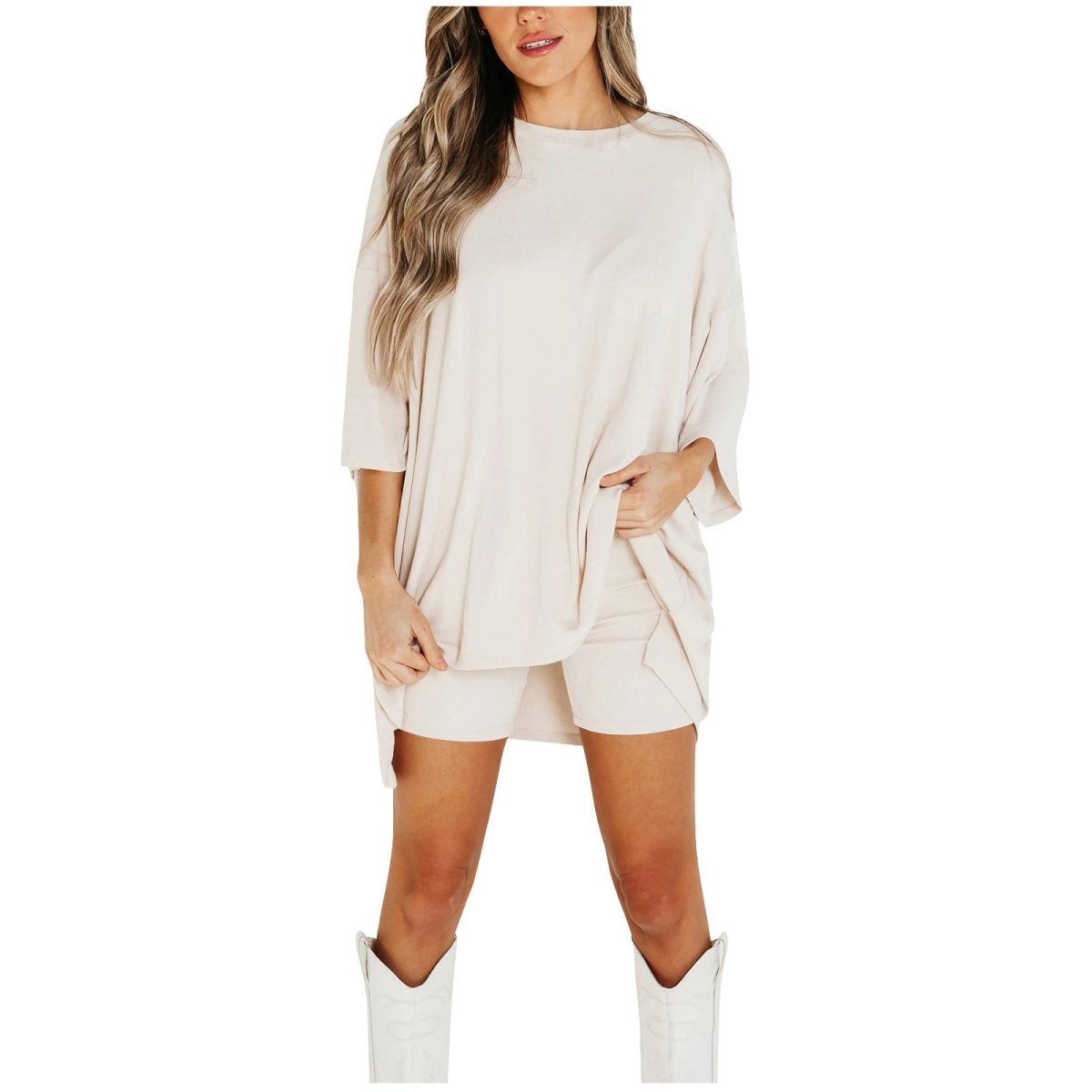 Crewneck Two-Piece Set For Women Summer Casual Oversized Split Hem Shirts & Side Pocket Biker Shorts Minimalist Lounge Wear Soft Viscose Fabric Comfy Homewear Cozy Pjs