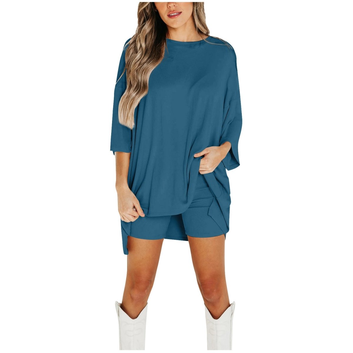 Crewneck Two-Piece Set For Women Summer Casual Oversized Split Hem Shirts & Side Pocket Biker Shorts Minimalist Lounge Wear Soft Viscose Fabric Comfy Homewear Cozy Pjs