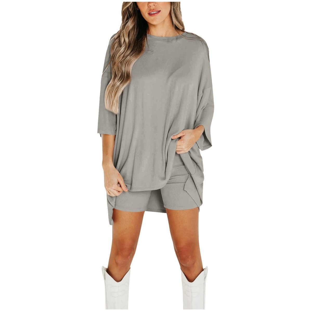 Crewneck Two-Piece Set For Women Summer Casual Oversized Split Hem Shirts & Side Pocket Biker Shorts Minimalist Lounge Wear Soft Viscose Fabric Comfy Homewear Cozy Pjs