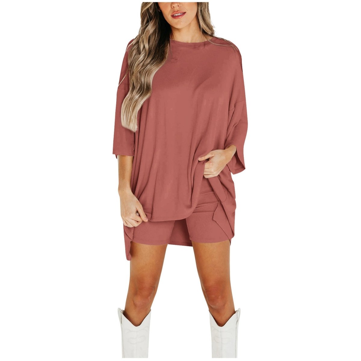 Crewneck Two-Piece Set For Women Summer Casual Oversized Split Hem Shirts & Side Pocket Biker Shorts Minimalist Lounge Wear Soft Viscose Fabric Comfy Homewear Cozy Pjs