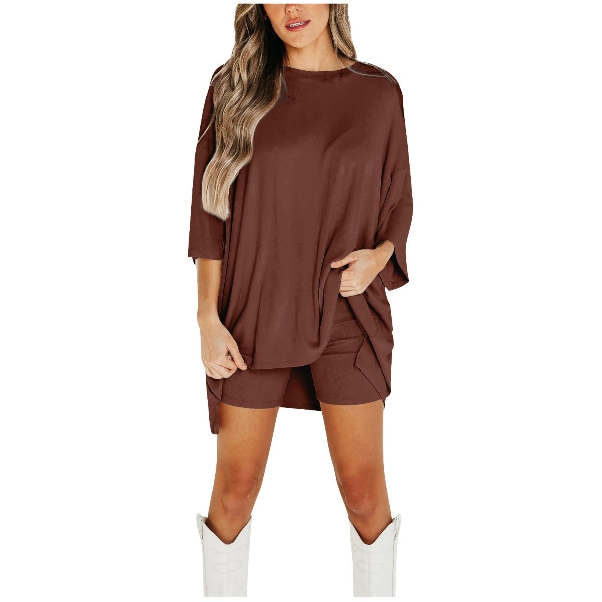 Crewneck Two-Piece Set For Women Summer Casual Oversized Split Hem Shirts & Side Pocket Biker Shorts Minimalist Lounge Wear Soft Viscose Fabric Comfy Homewear Cozy Pjs