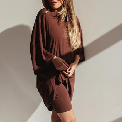 Crewneck Two-Piece Set For Women Summer Casual Oversized Split Hem Shirts & Side Pocket Biker Shorts Minimalist Lounge Wear Soft Viscose Fabric Comfy Homewear Cozy Pjs