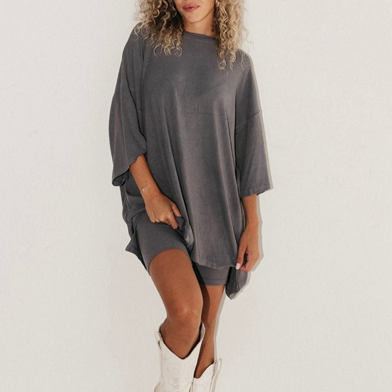 Crewneck Two-Piece Set For Women Summer Casual Oversized Split Hem Shirts & Side Pocket Biker Shorts Minimalist Lounge Wear Soft Viscose Fabric Comfy Homewear Cozy Pjs