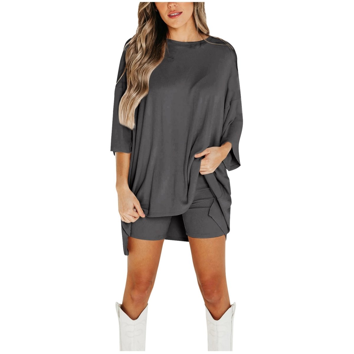 Crewneck Two-Piece Set For Women Summer Casual Oversized Split Hem Shirts & Side Pocket Biker Shorts Minimalist Lounge Wear Soft Viscose Fabric Comfy Homewear Cozy Pjs