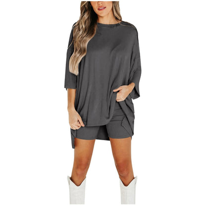Crewneck Two-Piece Set For Women Summer Casual Oversized Split Hem Shirts & Side Pocket Biker Shorts Minimalist Lounge Wear Soft Viscose Fabric Comfy Homewear Cozy Pjs