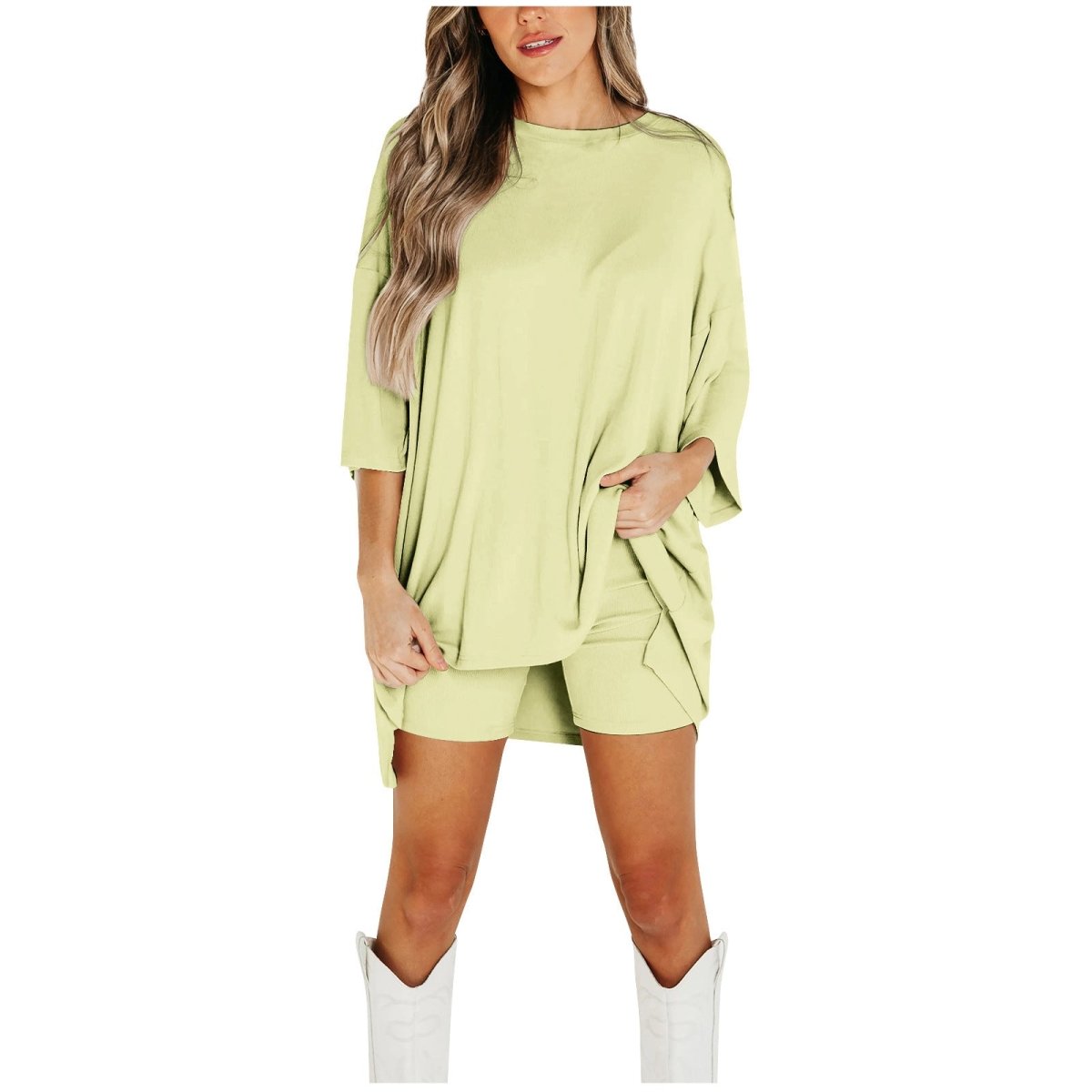 Crewneck Two-Piece Set For Women Summer Casual Oversized Split Hem Shirts & Side Pocket Biker Shorts Minimalist Lounge Wear Soft Viscose Fabric Comfy Homewear Cozy Pjs