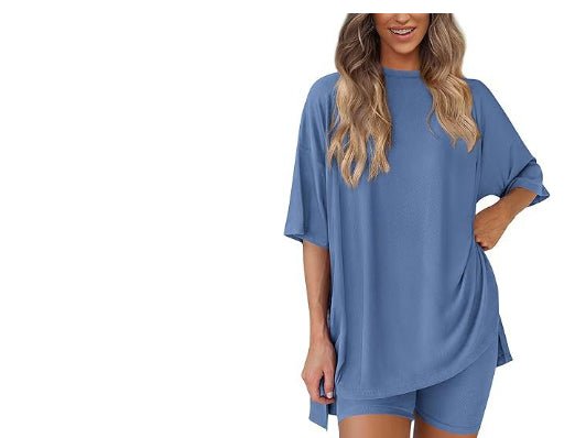 Crewneck Two-Piece Set For Women Summer Casual Oversized Split Hem Shirts & Side Pocket Biker Shorts Minimalist Lounge Wear Soft Viscose Fabric Comfy Homewear Cozy Pjs