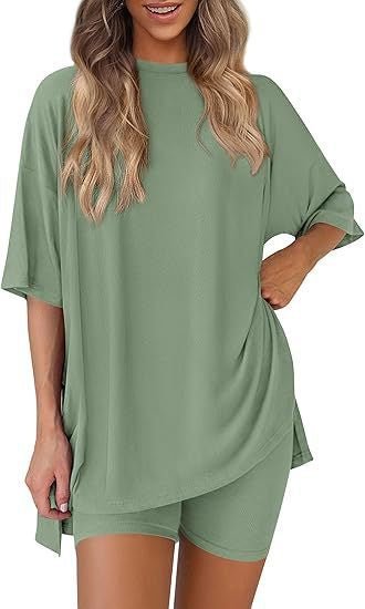 Crewneck Two-Piece Set For Women Summer Casual Oversized Split Hem Shirts & Side Pocket Biker Shorts Minimalist Lounge Wear Soft Viscose Fabric Comfy Homewear Cozy Pjs