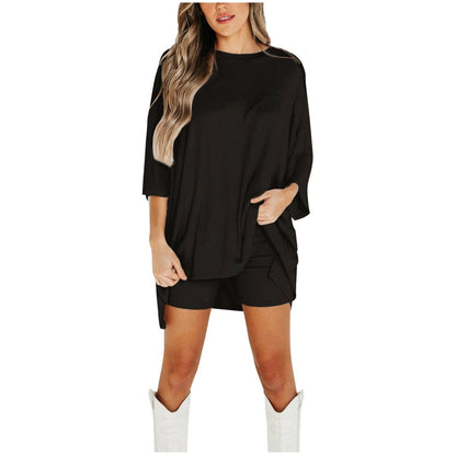 Crewneck Two-Piece Set For Women Summer Casual Oversized Split Hem Shirts & Side Pocket Biker Shorts Minimalist Lounge Wear Soft Viscose Fabric Comfy Homewear Cozy Pjs