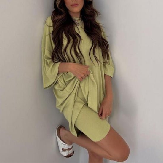 Crewneck Two-Piece Set For Women Summer Casual Oversized Split Hem Shirts & Side Pocket Biker Shorts Minimalist Lounge Wear Soft Viscose Fabric Comfy Homewear Cozy Pjs