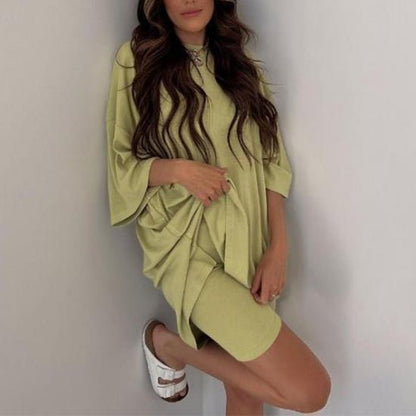 Crewneck Two-Piece Set For Women Summer Casual Oversized Split Hem Shirts & Side Pocket Biker Shorts Minimalist Lounge Wear Soft Viscose Fabric Comfy Homewear Cozy Pjs