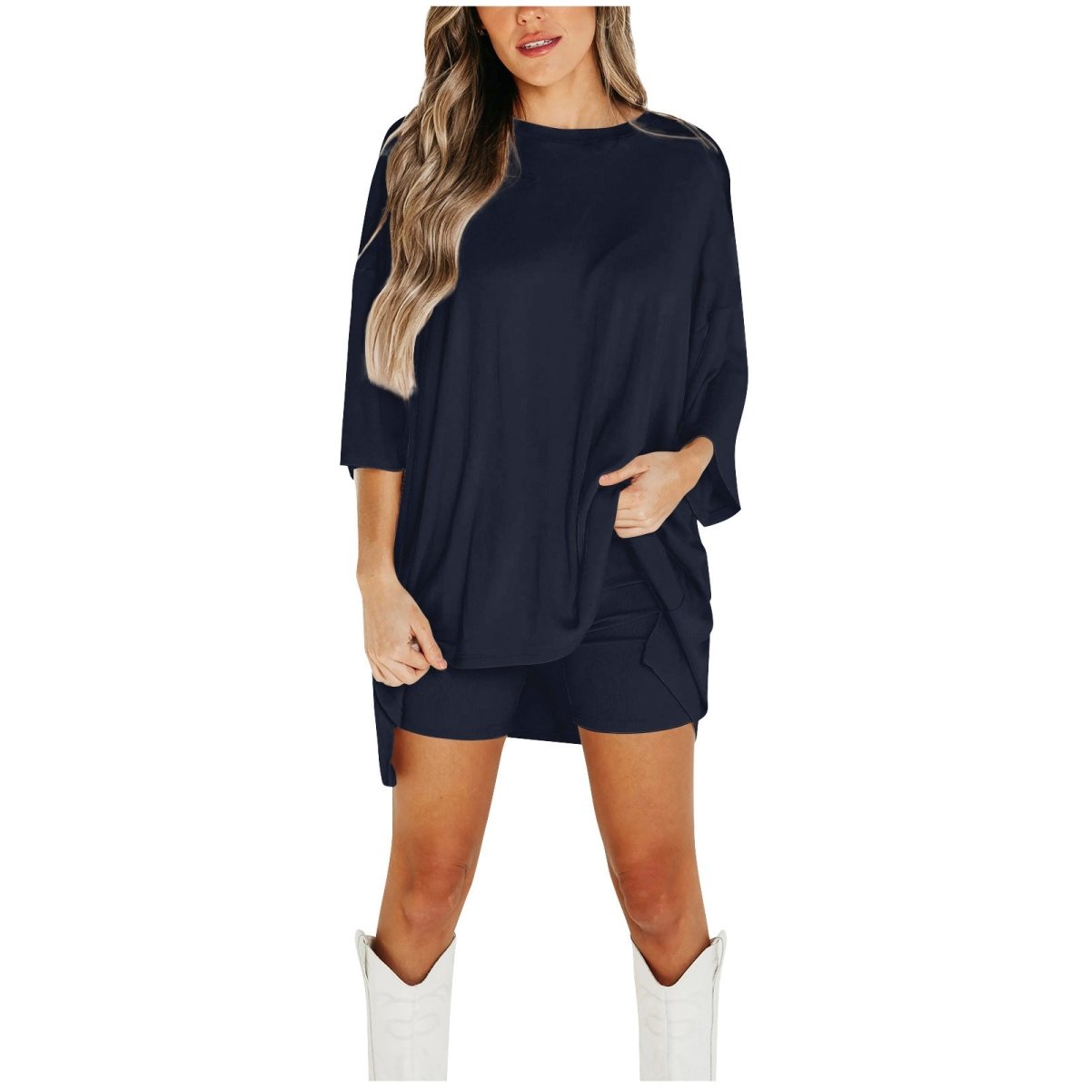 Crewneck Two-Piece Set For Women Summer Casual Oversized Split Hem Shirts & Side Pocket Biker Shorts Minimalist Lounge Wear Soft Viscose Fabric Comfy Homewear Cozy Pjs