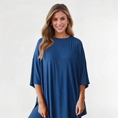 Crewneck Two-Piece Set For Women Summer Casual Oversized Split Hem Shirts & Side Pocket Biker Shorts Minimalist Lounge Wear Soft Viscose Fabric Comfy Homewear Cozy Pjs
