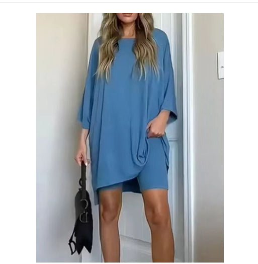 Crewneck Two-Piece Set For Women Summer Casual Oversized Split Hem Shirts & Side Pocket Biker Shorts Minimalist Lounge Wear Soft Viscose Fabric Comfy Homewear Cozy Pjs