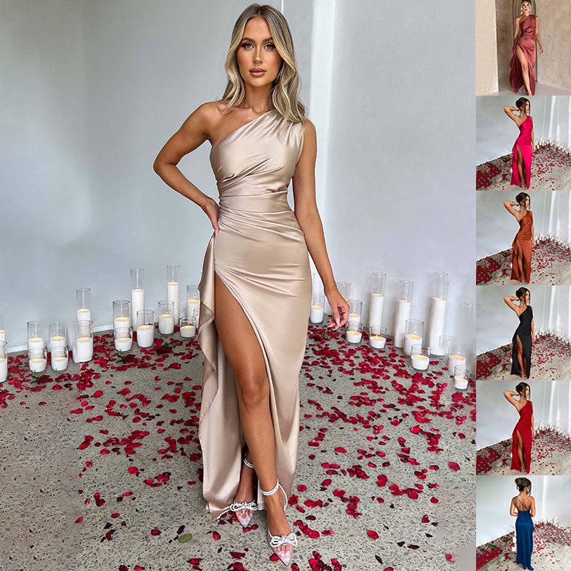 Sexy One Shoulder Satin High Split Cocktail Fit Wedding Party Maxi Formal Dress