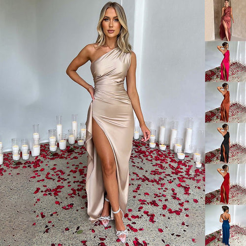 Sexy One Shoulder Satin High Split Cocktail Fit Wedding Party Maxi Formal Dress