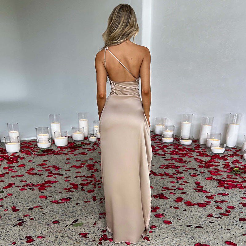 Sexy One Shoulder Satin High Split Cocktail Fit Wedding Party Maxi Formal Dress