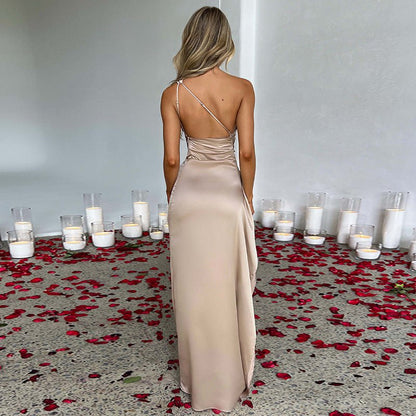 Sexy One Shoulder Satin High Split Cocktail Fit Wedding Party Maxi Formal Dress