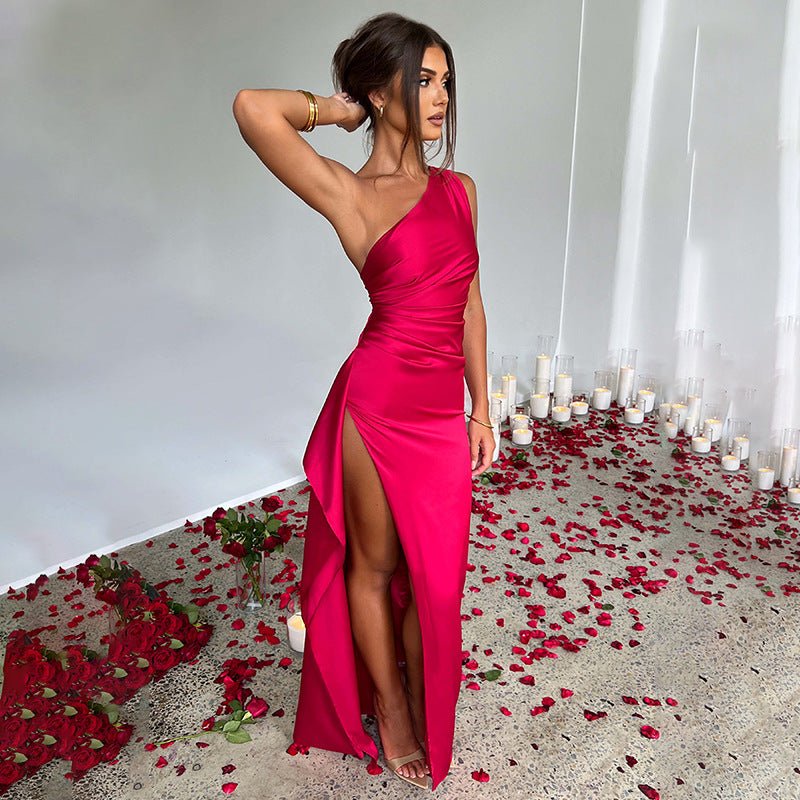 Sexy One Shoulder Satin High Split Cocktail Fit Wedding Party Maxi Formal Dress