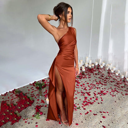 Sexy One Shoulder Satin High Split Cocktail Fit Wedding Party Maxi Formal Dress
