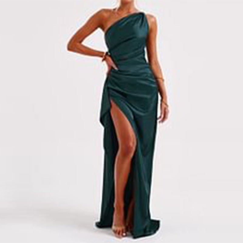 Sexy One Shoulder Satin High Split Cocktail Fit Wedding Party Maxi Formal Dress