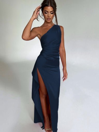 Sexy One Shoulder Satin High Split Cocktail Fit Wedding Party Maxi Formal Dress
